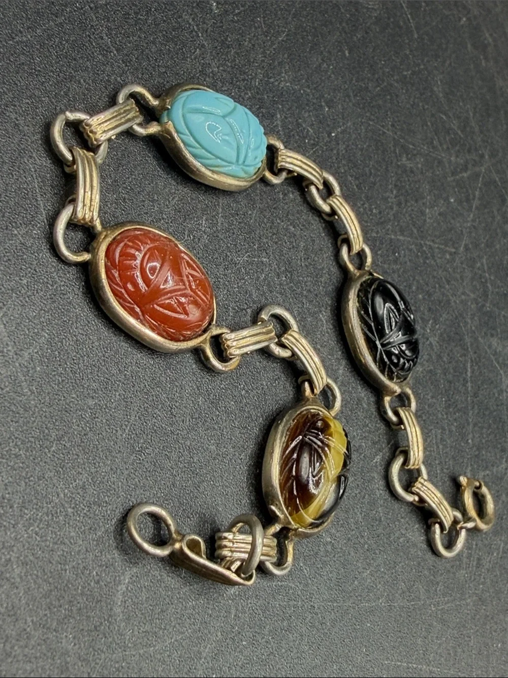 Vintage Egyptian Revival Multicolor Etched Scarab Beetle Motif Cabochon Bracelet